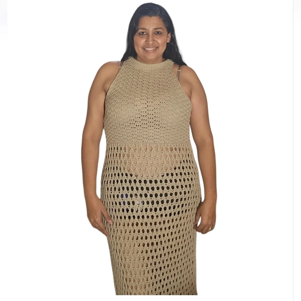 Crochet Cover Up Beach Hollow Out Sleeveless Bikini Swimsuit Side Split Dress